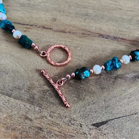 Genuine Turquoise and FreshwaterPearl Necklace with Solid Copper Beads & Clasp - Picture 6 of 12